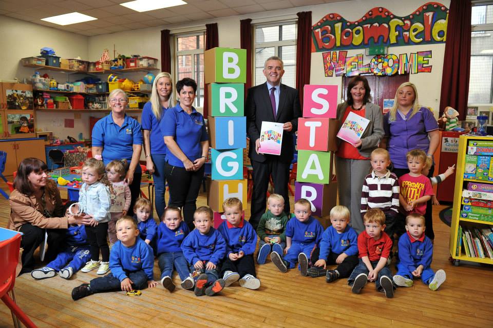 Bloomfield Community Association (BCA) at OFMDFM Bright Start Childcare Strategic Framework with Junior Ministers Jonathan Bell MLA, Jennifer McCann MLA and Playboard's Chief Executive Officer, Jacqueline O'Loughlin.